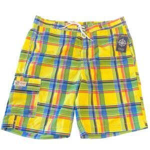 Chaps Men’s Swim Trunks Size M Yellow Plaid Board Shorts Drawstring Waist Pocket